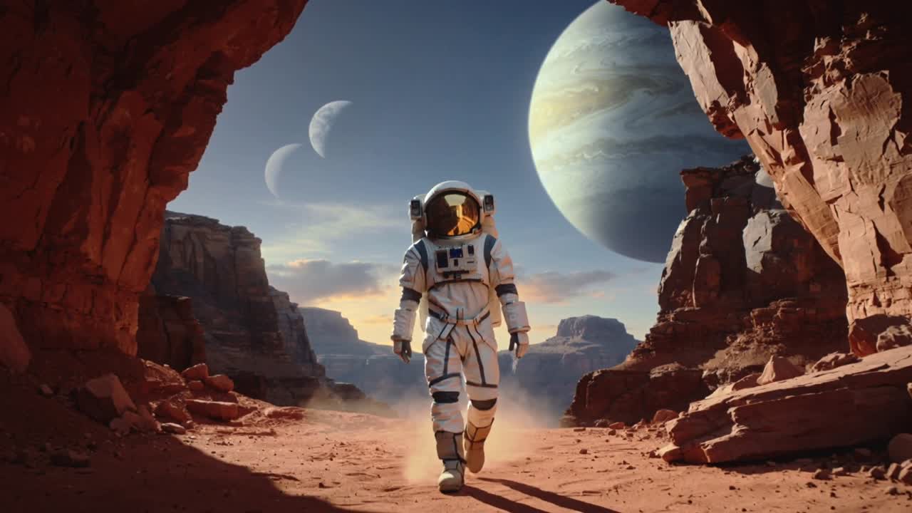 En gående astronaut i hvid dragt bevæger sig mod kameraet gennem et rødt pas, sparker støv op under en kæmpeplanet.