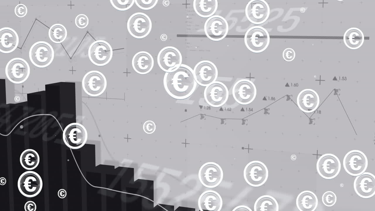 Animazione di simboli dell'euro su elaborazione di dati finanziari su sfondo bianco