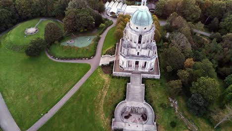 historic ashton memorial english domed folly landmark lancashire countryside sunrise aerial rising pull back view