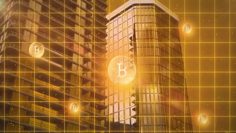 animación de los símbolos de bitcoin sobre los edificios