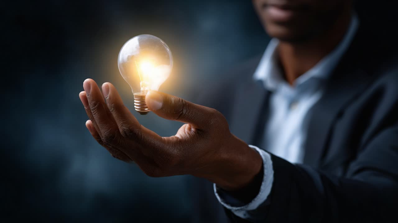 A person holds a glowing light bulb, signifying ideas and innovation, symbolizing creativity and inspiration in a dark background with a professional appearance