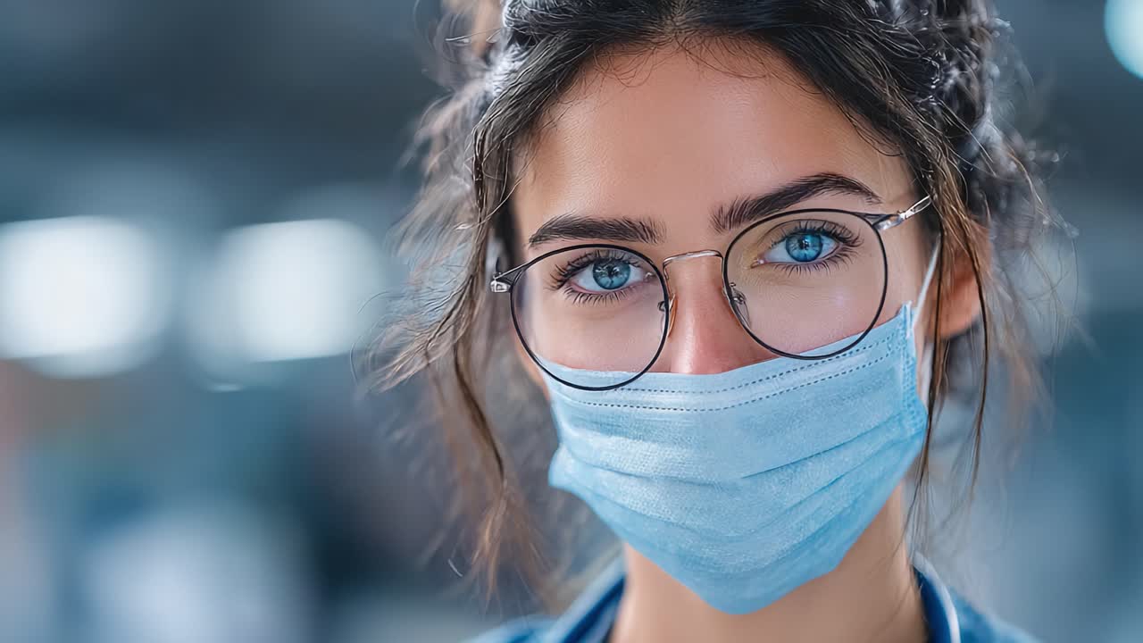 A close-up look at a young woman with striking blue eyes and stylish glasses, wearing a protective face mask, captures the essence of resilience and safety in today's world