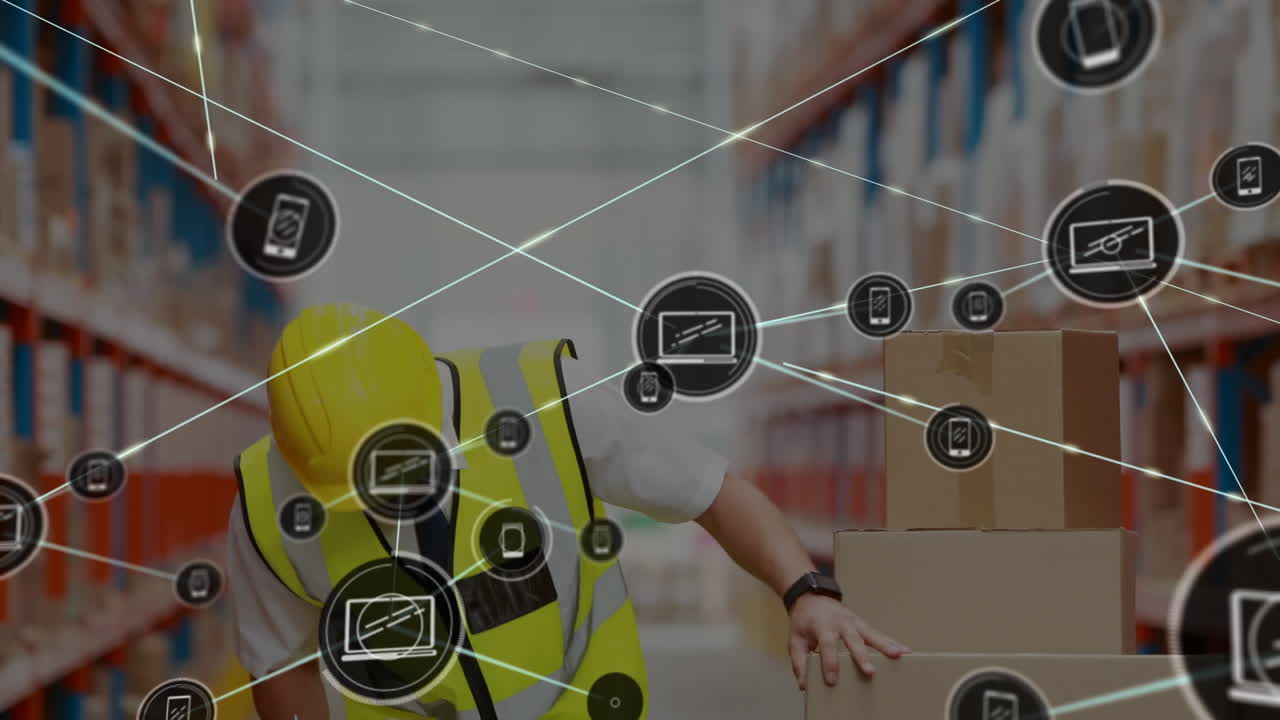 animación de la red de conexiones sobre un trabajador caucásico en un almacén