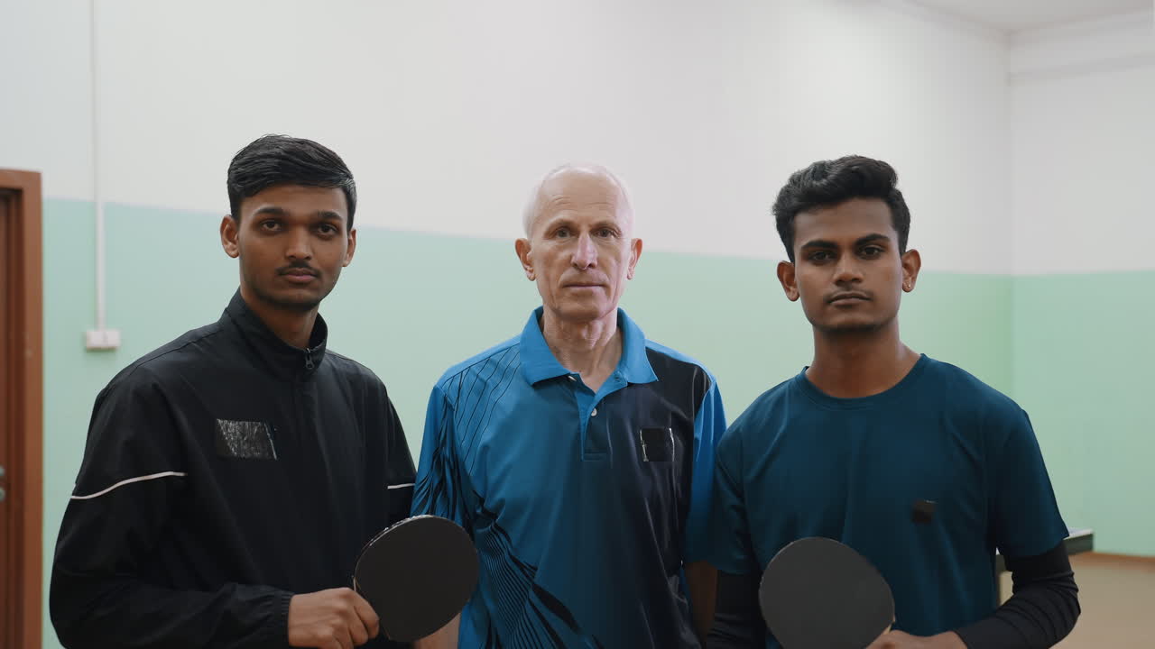 Ritratto di gruppo di famiglia in piedi all'interno, che tiene in mano racchette da ping pong con espressioni serie, a simboleggiare unità, lavoro di squadra, forza e unione in un ambiente di palestra