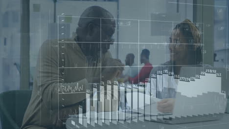 animation of financial data processing over diverse business people in office