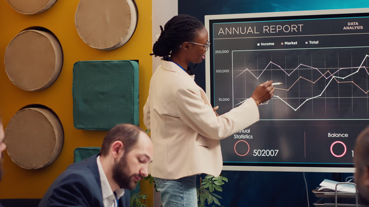 empleado de la empresa haciendo una presentación con actualizaciones del proyecto y plazos