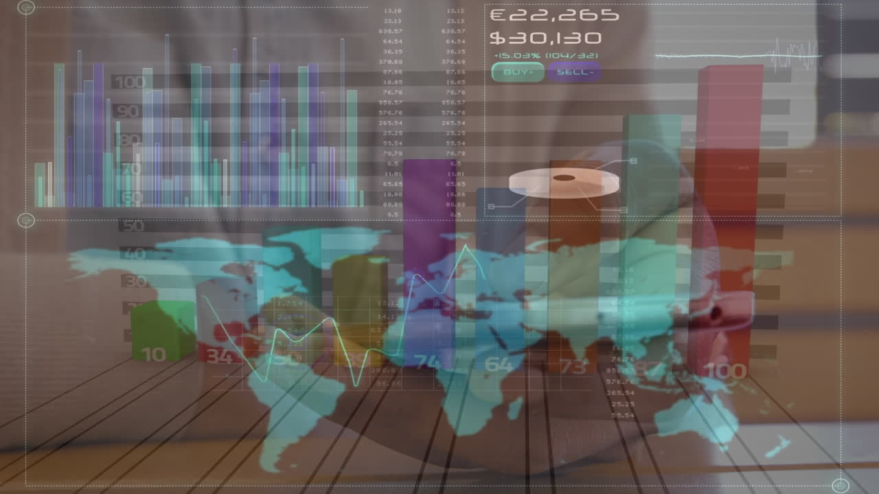 animación de datos financieros y gráficos que se mueven sobre las manos de un hombre biracial que usa un teléfono inteligente