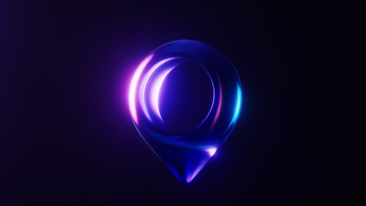Loop animation of location marker with dark neon light effect, 3d rendering.