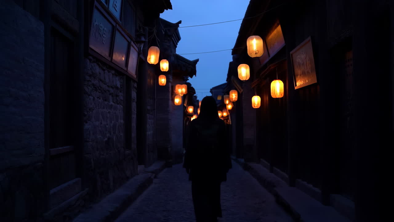 Person walks down an illuminated alleyway filled with glowing lanterns at dusk
