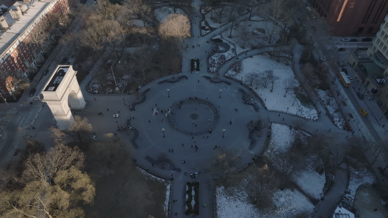 Aerial view of Washington Square Park. Shot on a winter afternoon in New York City.