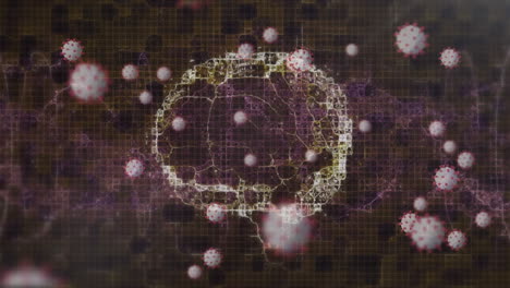 animación digital de múltiples células de covid-19 contra el cerebro humano girando sobre un fondo negro