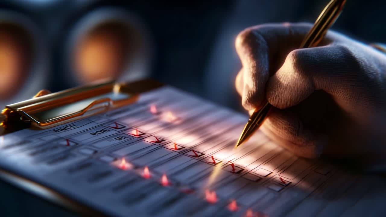Intense Close-Up of Hand with Pen Completing Checklist on Clipboard, Illuminated by Warm Lights in Background, Capturing the Focused Attention of Task Completion
