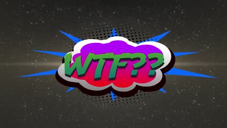 animation of wtf text over retro speech bubble against white spots on grey background