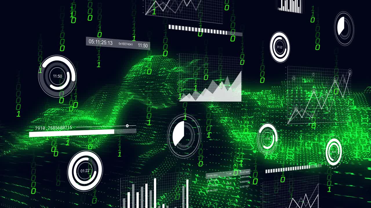 On load green wave flowing with HUD gauges rotating, binary digits falling, visualizing live data