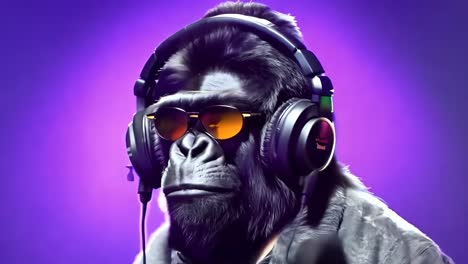 a gorilla wearing headphones and sunglasses, captured in a close-up angle