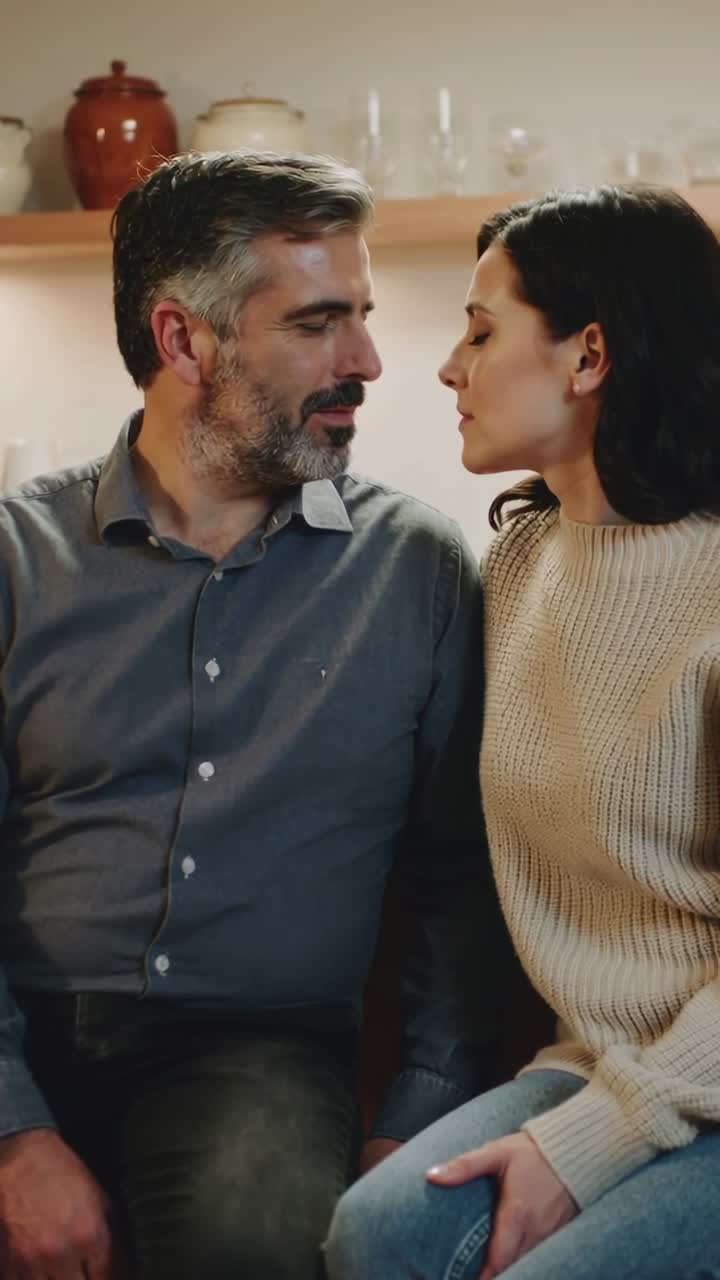 Vídeo vertical: dupla atraente de olhos fixos se inclinando em um canto com prateleira, suéter, prestes a se beijar