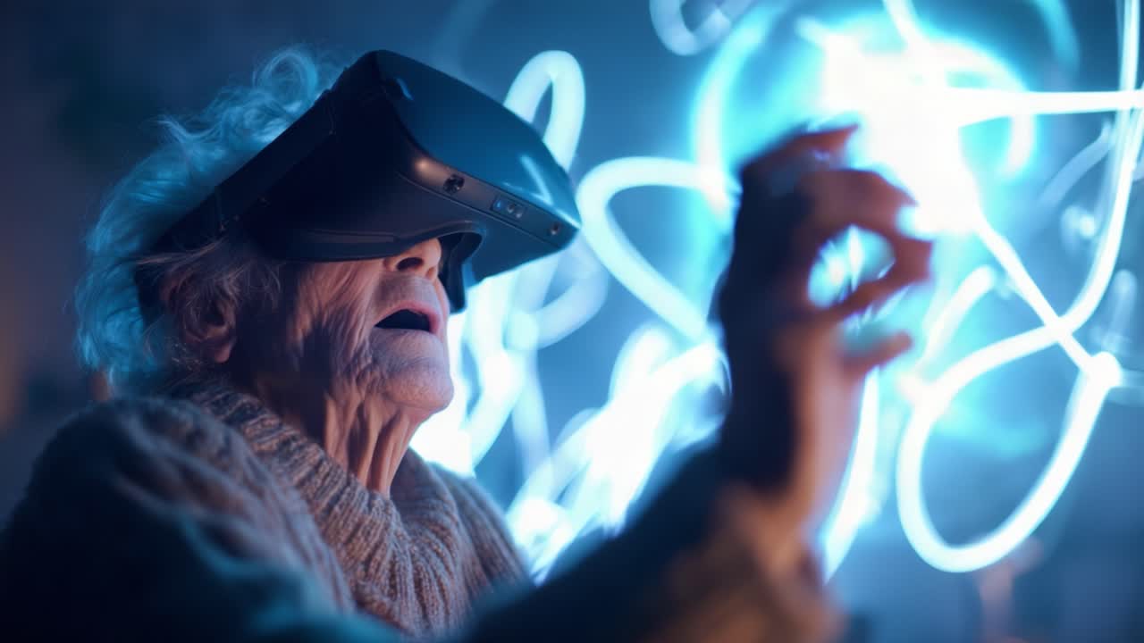 Aging with Technology: An Elderly Individual Experiencing Virtual Reality through a Headset, Engaging with Surreal Light Patterns and Emotions in an Immersive Digital Environment