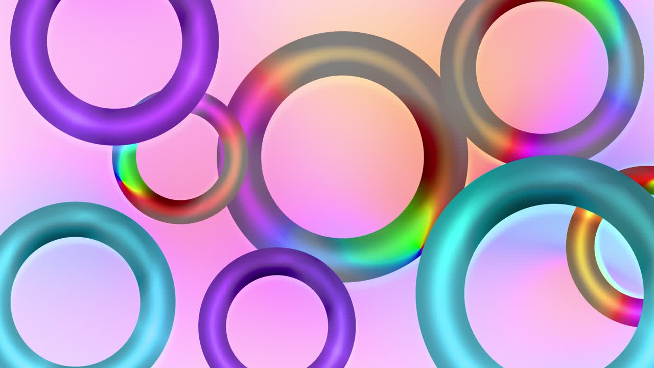 Floating circular multicolour glowing neon 3D torus loop rings on a light gradient background creating vivid visual shapes vibrant abstract elements dynamic motion graphic animations pink purple cyan