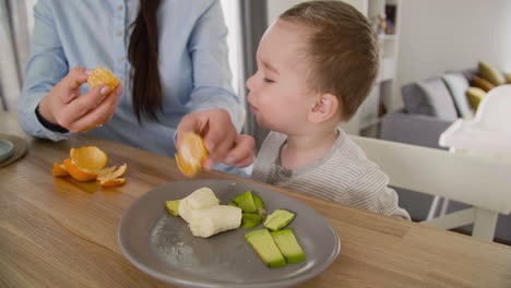 unrecognizable mom peeling clementine and feeding her little son with fruit while sitting together at table in living room