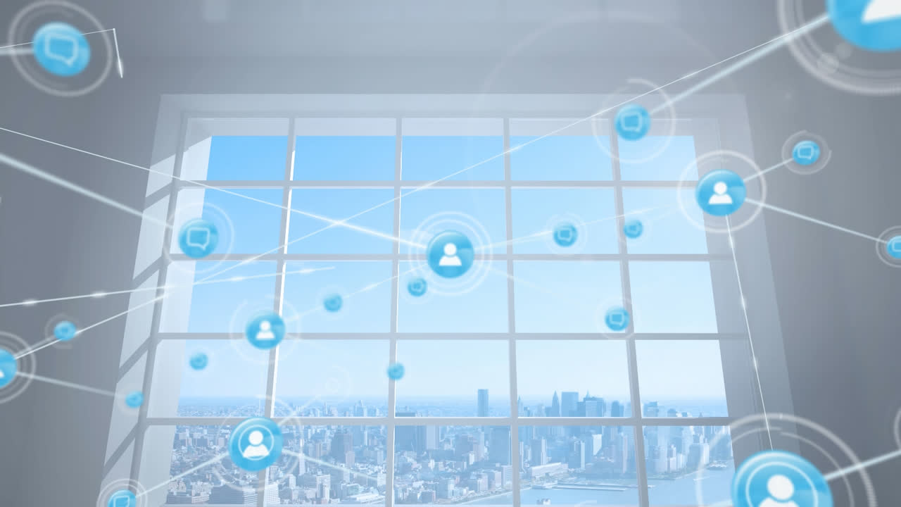 창문과 도시 풍경 위의 아이콘으로 연결 네트워크의 애니메이션