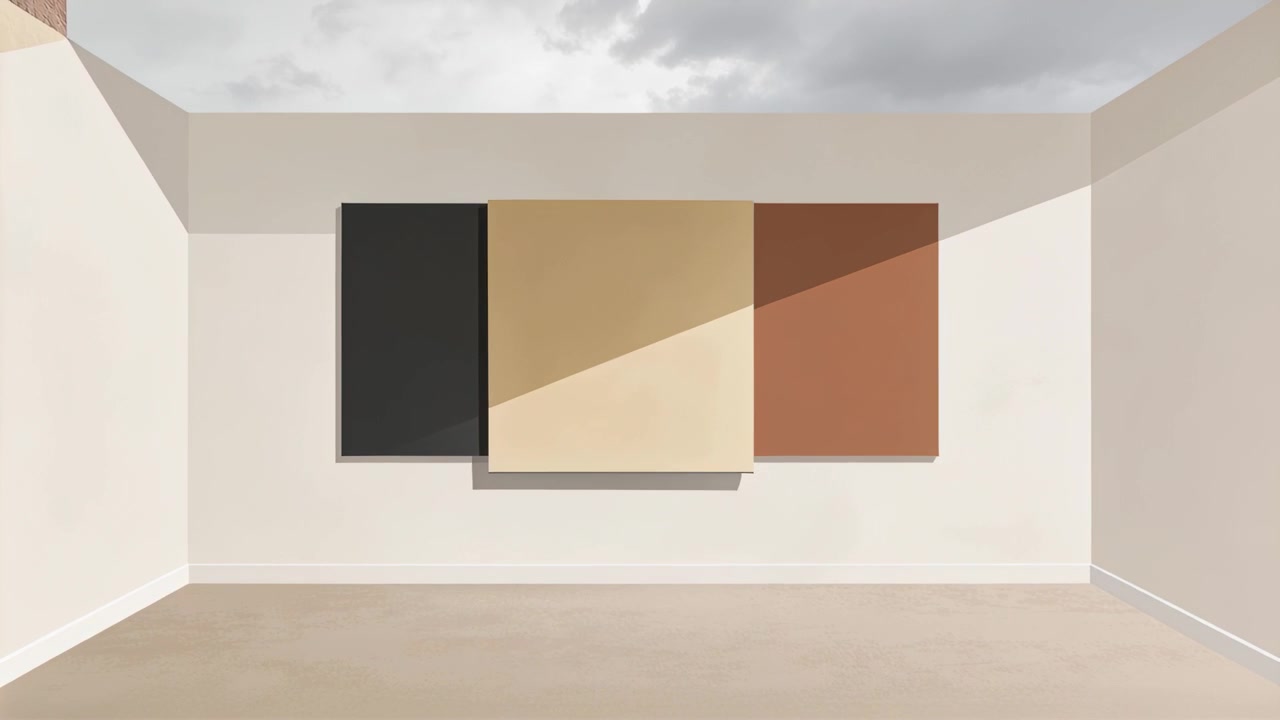 Starting sequence lifting square panel moving to center in gallery aligning with three panels