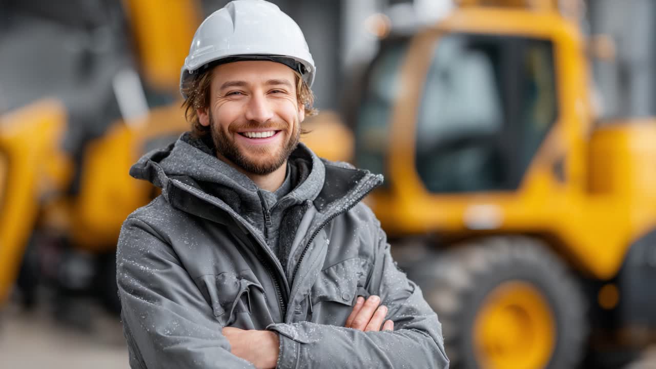 A Confident Construction Worker Smiling Proudly Amid Heavy Machinery on a Job Site, Showcasing Safety Gear and Team Spirit
