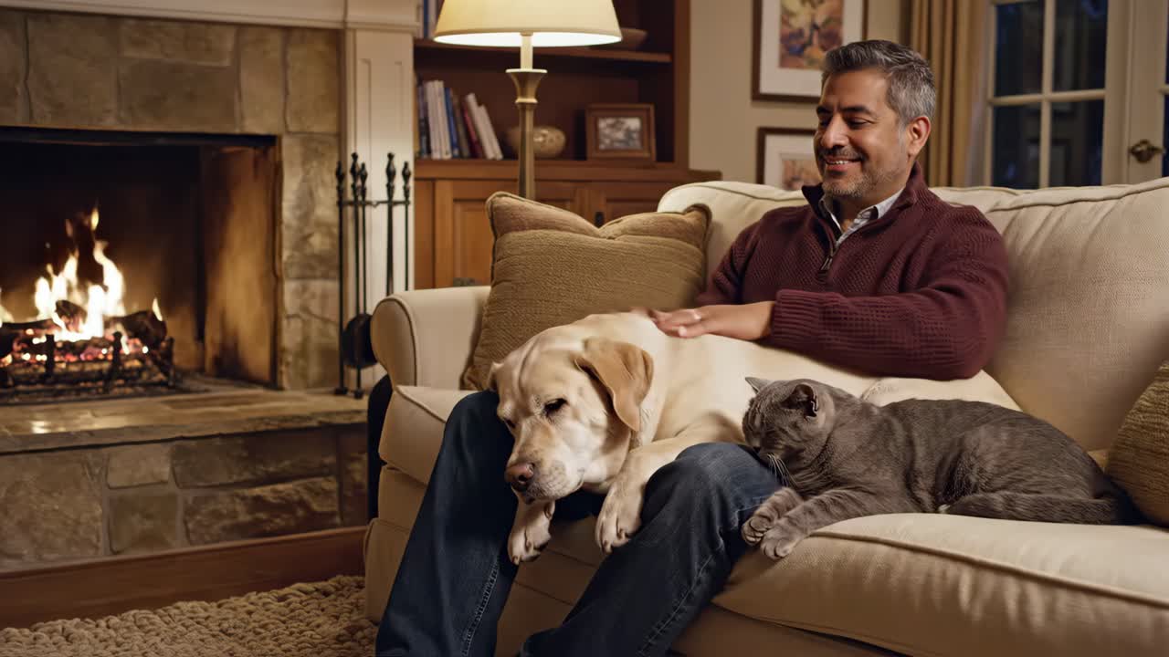 Man Relaxing with Dog and Cat by Fireplace