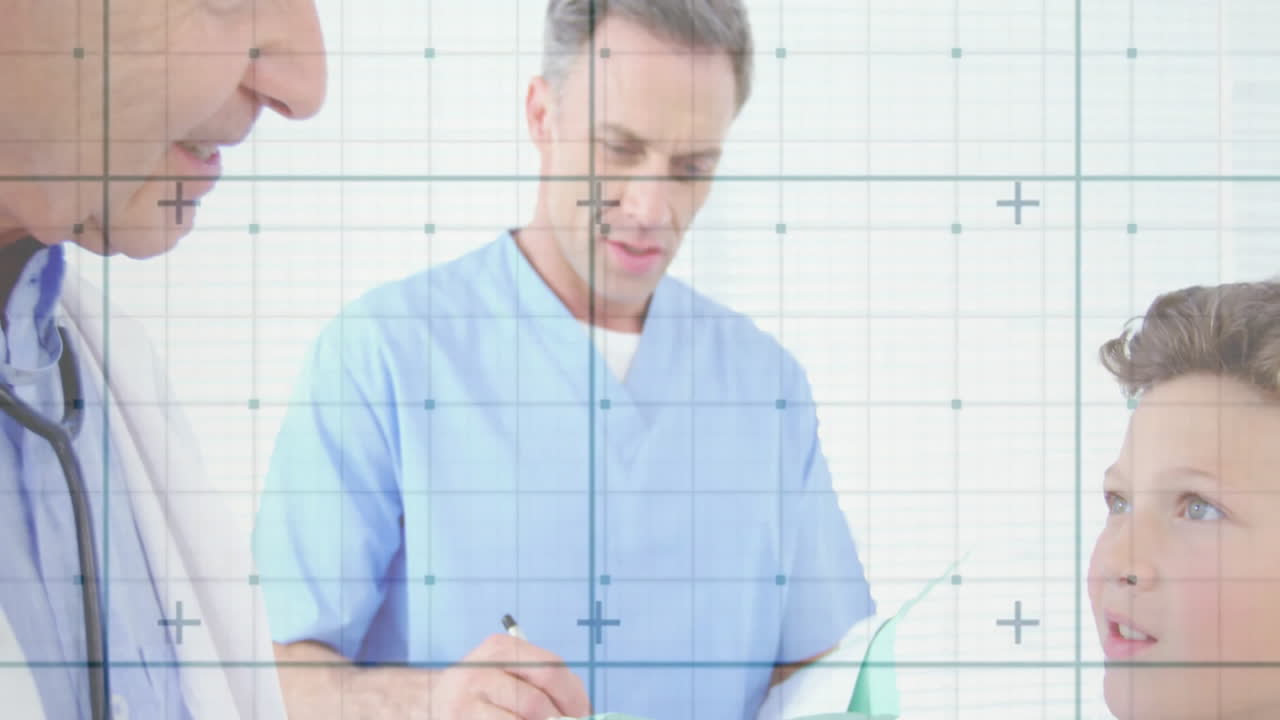 In hospital, medical professionals discussing patient care with child, grid overlay