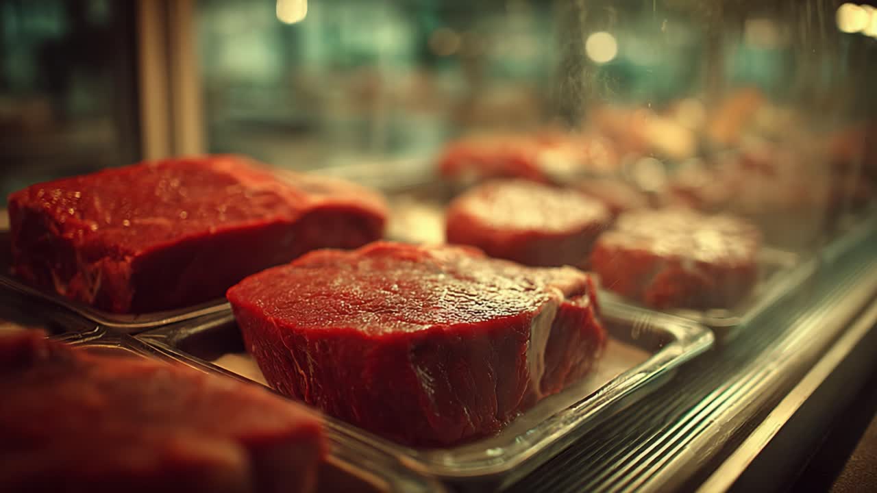 A Display of Premium Cuts of Fresh Red Meat Showcasing Quality and Color at a Butcher Shop, Emphasizing the Art of Meat Presentation and Selection for Culinary Enthusiasts