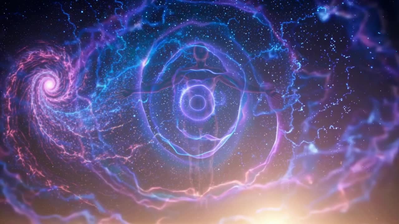 Suspended ethereal figure surrounded by cosmic energy and swirling galaxies, illustrating a mystical journey through the universe's vibrant colors and vastness