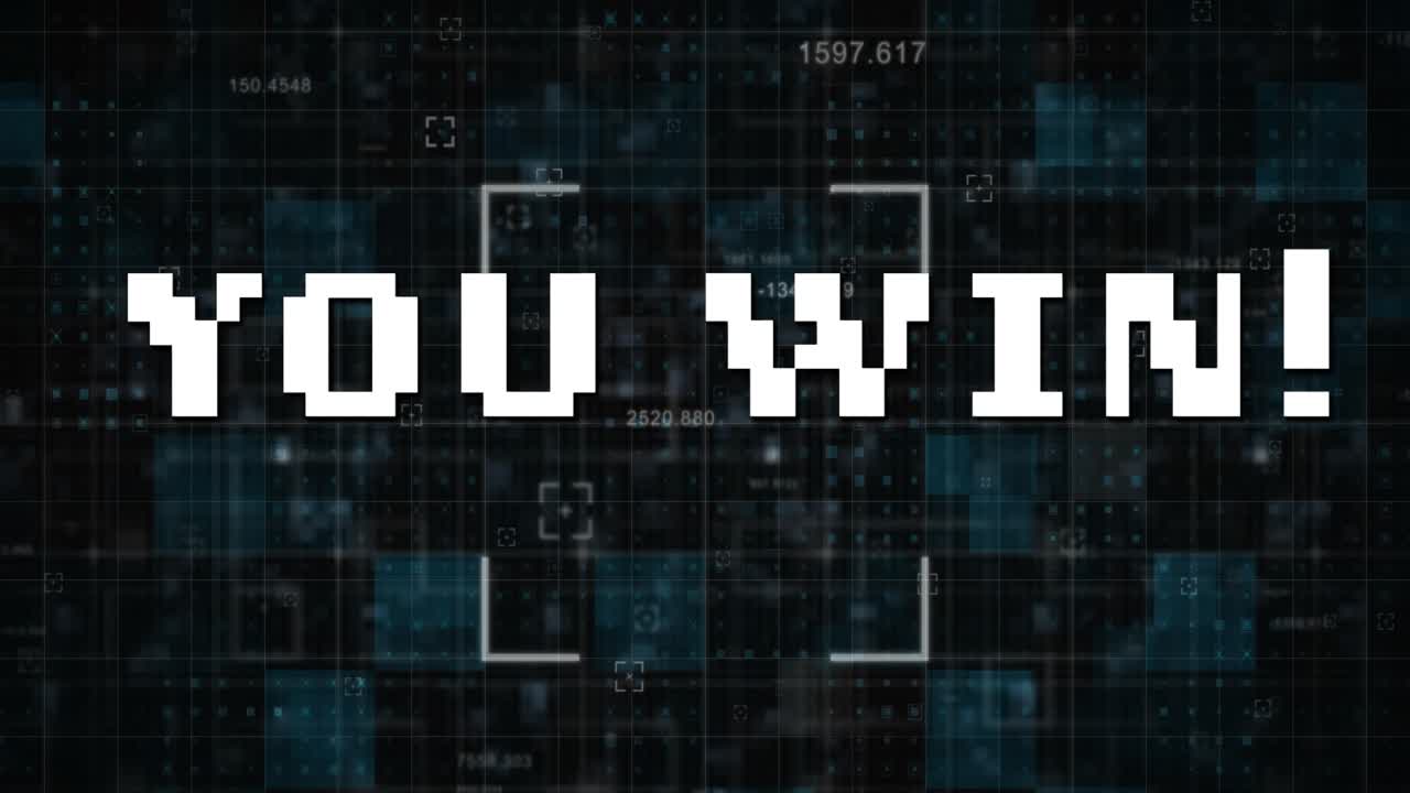 Animation of you win text and data processing on black background
