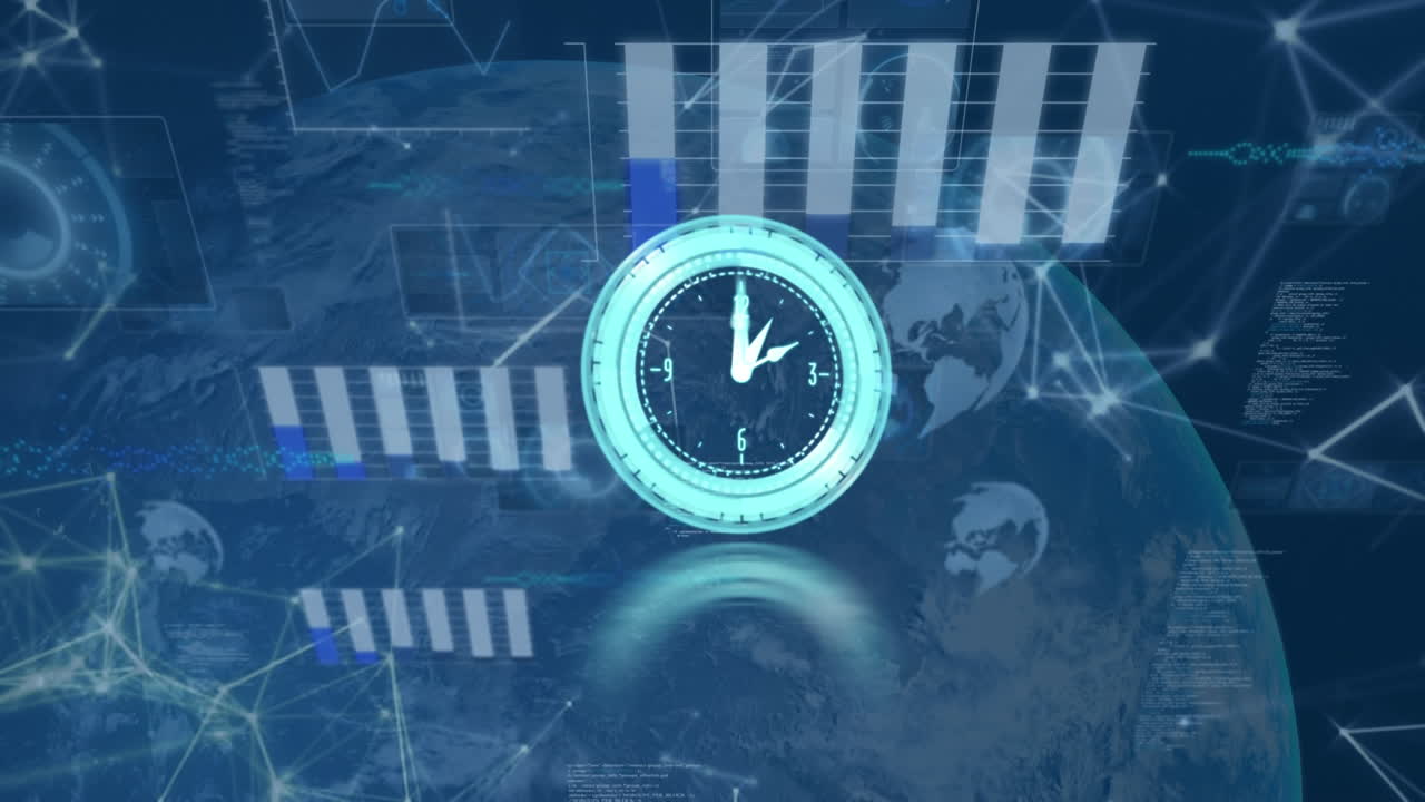 파란색 배경에 지구를 가로질러 움직이는 시계, 연결 및 데이터 처리 애니메이션