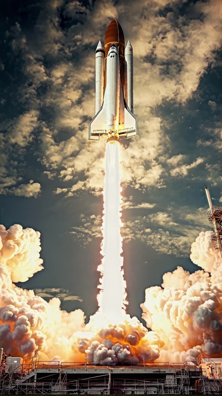 A dramatic low-angle shot captures a space shuttle launch, showcasing powerful thrust and billowing