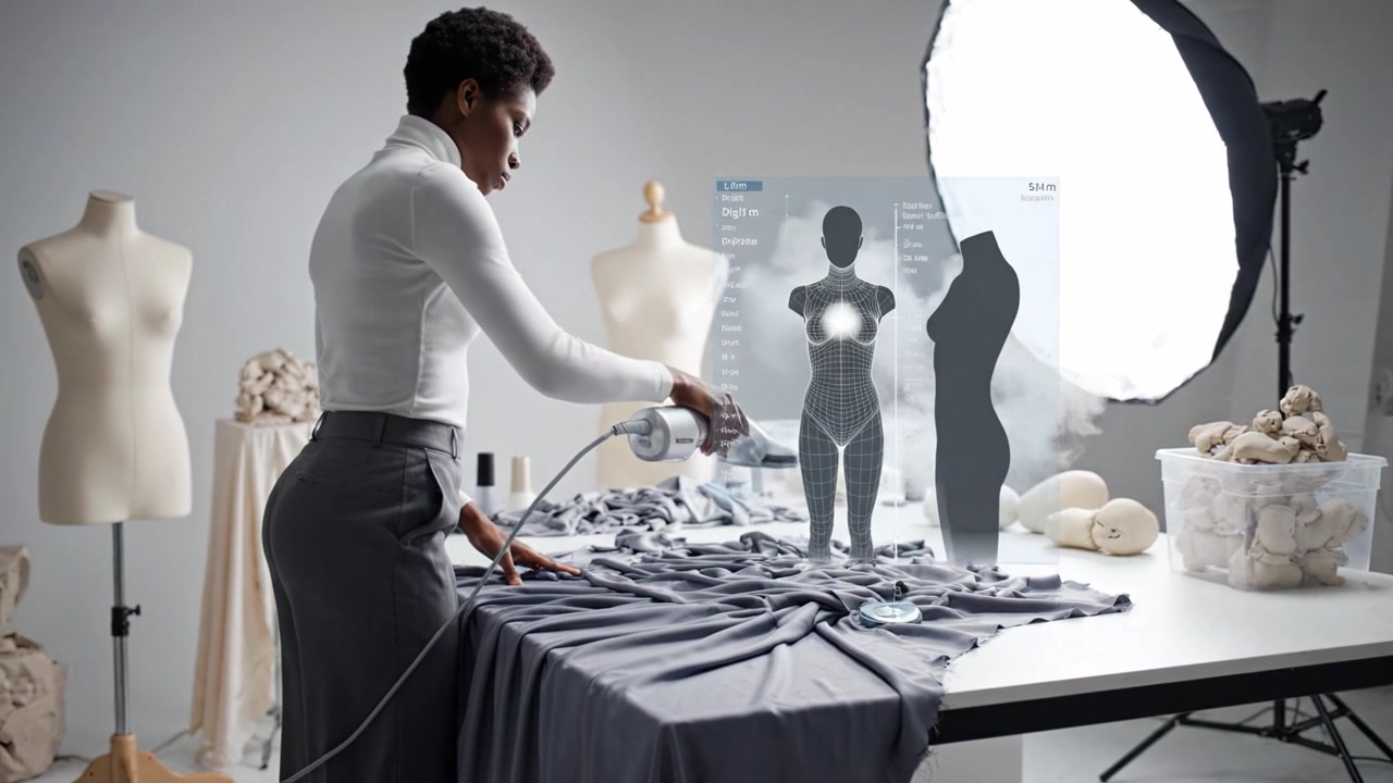 Modedesigner demonstrerer skrædderteknikker med damp på stof i værksted omgivet af mannequinfigurer og designudkast, der understreger kreativitet og præcision.