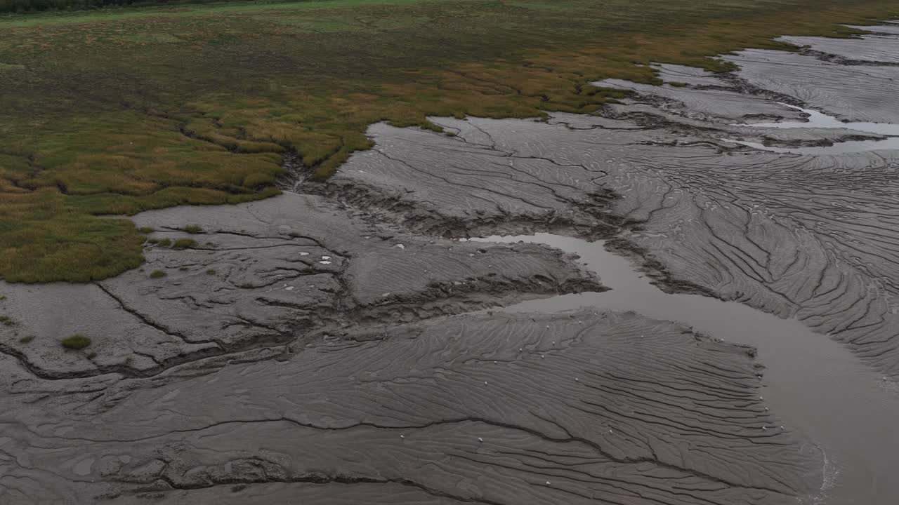 Aerial drone footage of the Portbury marshlands and coastline nature reserve, showcasing tidal wetlands, cloudy weather atmosphere, and tranquil coastal habitat along England’s western shores