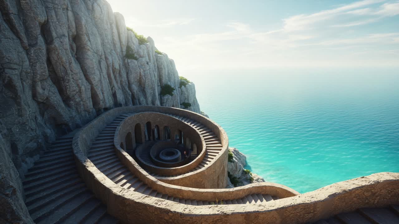 A Serpentine Staircase Curving Along a Cliff's Edge Overlooking a Tranquil Azure Ocean with Lush Green Vegetation in the Background