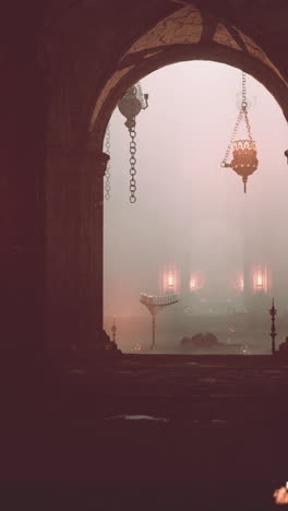 a dark and foggy church interior