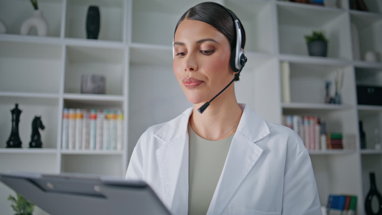 Professional doctor speaking headphones in hospital closeup. Healthcare expert