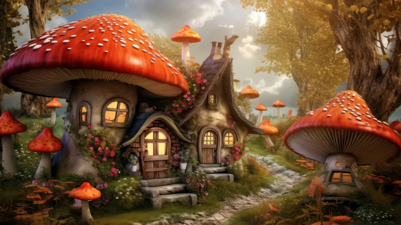 Whimsical fairy-tale cottage with mushroom roofs, surrounded by trees