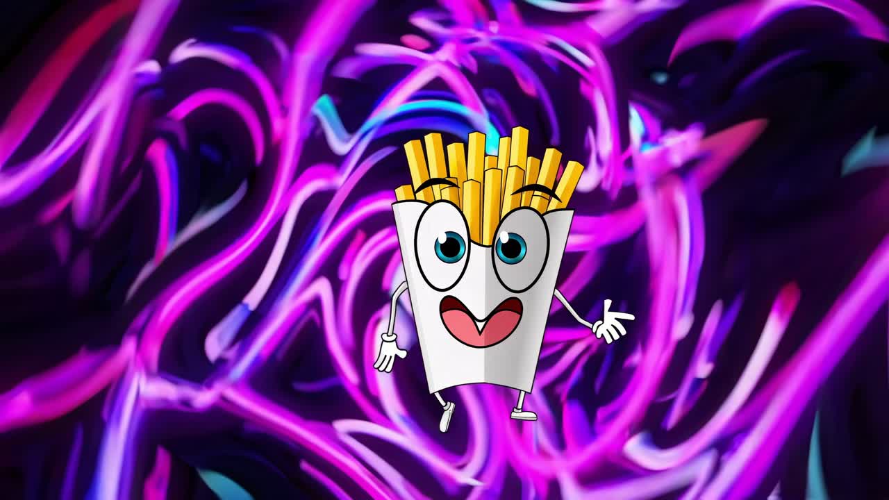 애니메이션 프랜치 프라이 캐릭터는 역동적으로 변하는, 활기찬 색의 배경을 가로질러 는 동안 놀라움을 표현합니다.