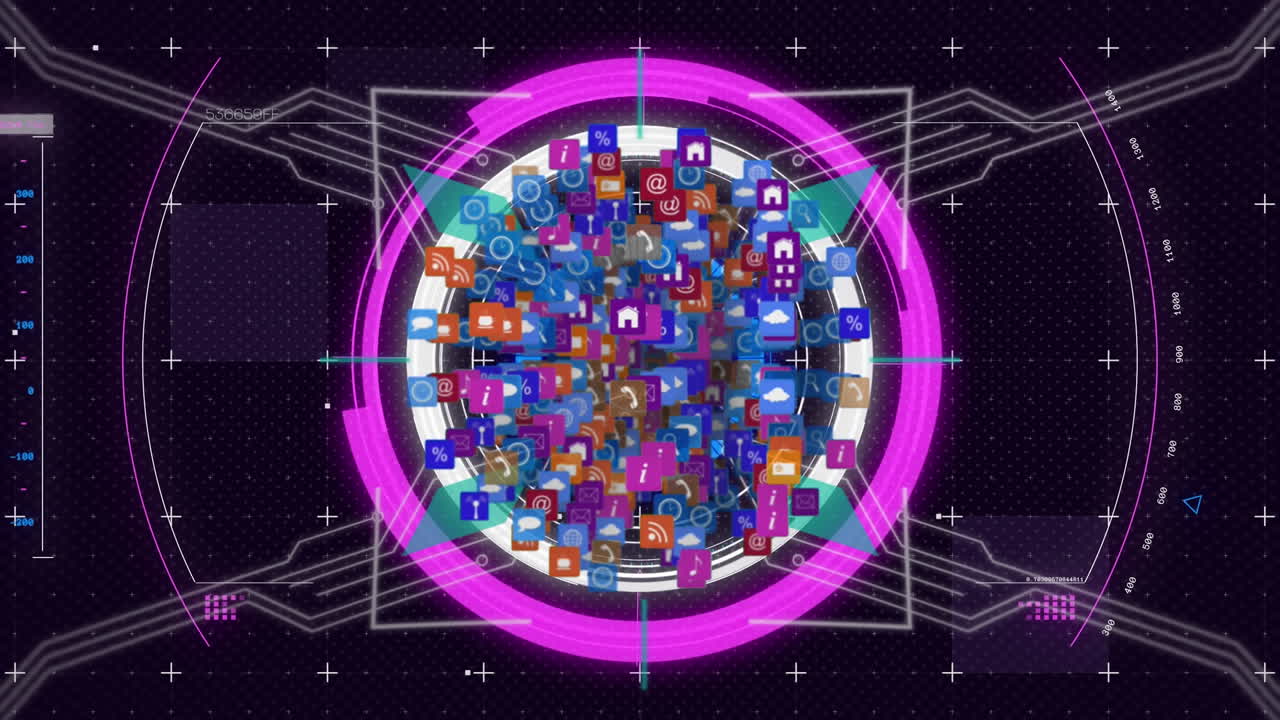 검은 바탕에 회전하는 디지털 아이콘의 전 세계에 대한 범위 스캐너의 디지털 애니메이션