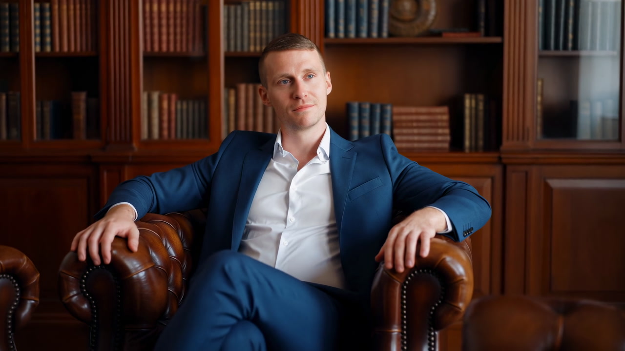 White Man In Blue Suit Sitting Leather Armchair Inside Woodpaneled Library, Hands Resting On Armrests,