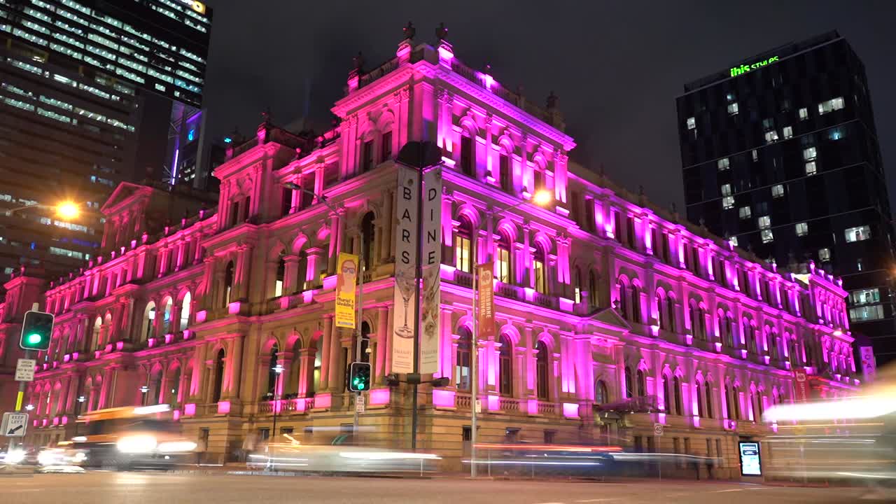 Night timelapse of corner shot of heritage building Treasury Casino at Brisbane Queensland Australia.