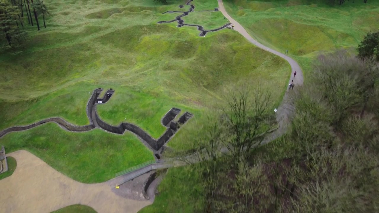 World War I trenches. Aerial view. Vimy National Monument, Canada. Trenches and battlefield with the Canadian flag. Vimy Ridge. France.