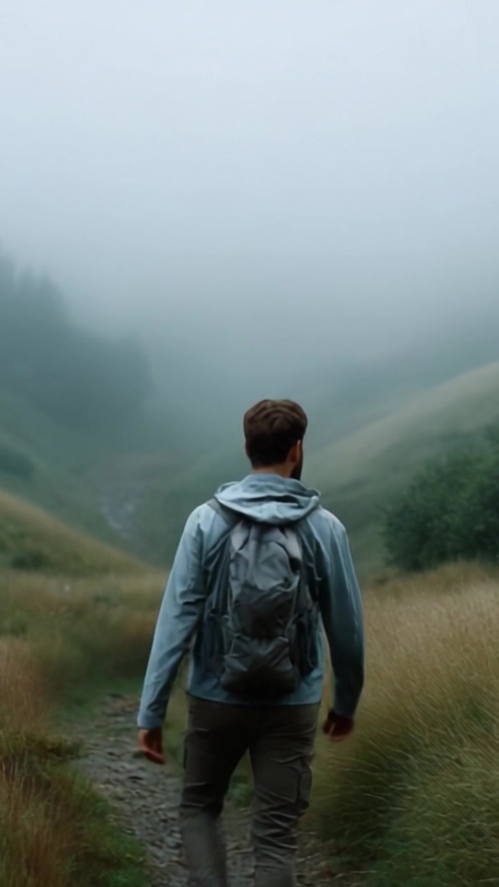 A solitary hiker navigates a misty landscape, surrounded by fog and nature's greenery, embodying adventure and tranquility in a remote wilderness setting.