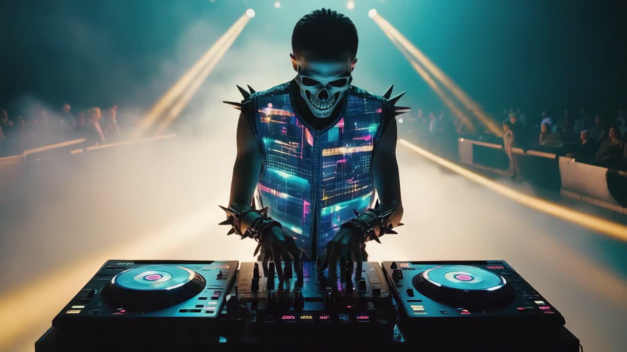 Skeleton DJ Performing Electronic Music on Stage