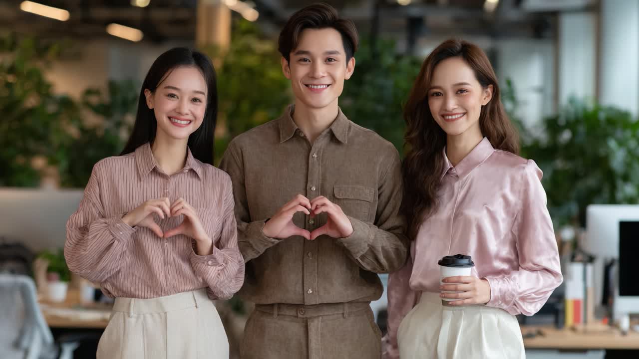 Cheerful Group of Friends Making Heart Shapes with Hands in a Modern Office Environment, Highlighting Friendship and Joy in a Relaxed Setting