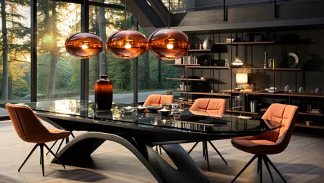 modern dining area with elegant design elements in a forest view setting