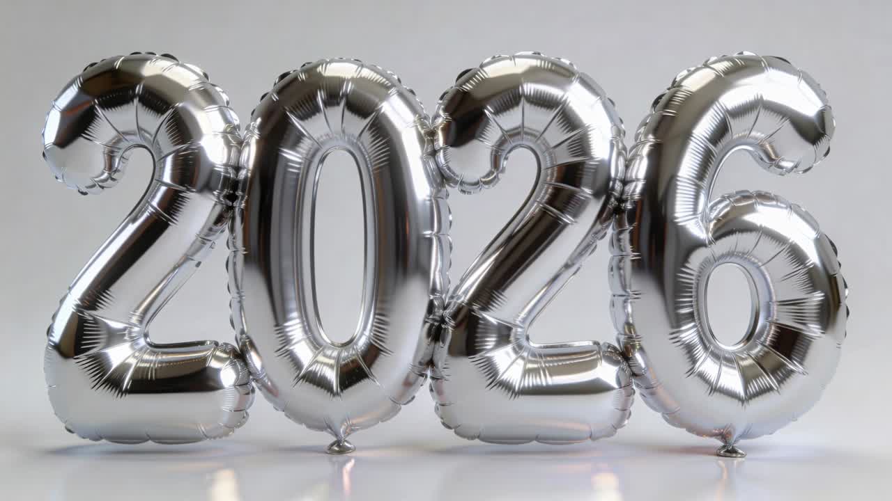 Palloncini in lamina metallica argentata che ondeggiano, formando il 2026, nell'aria dello studio su un pavimento grigio, per poi posarsi.