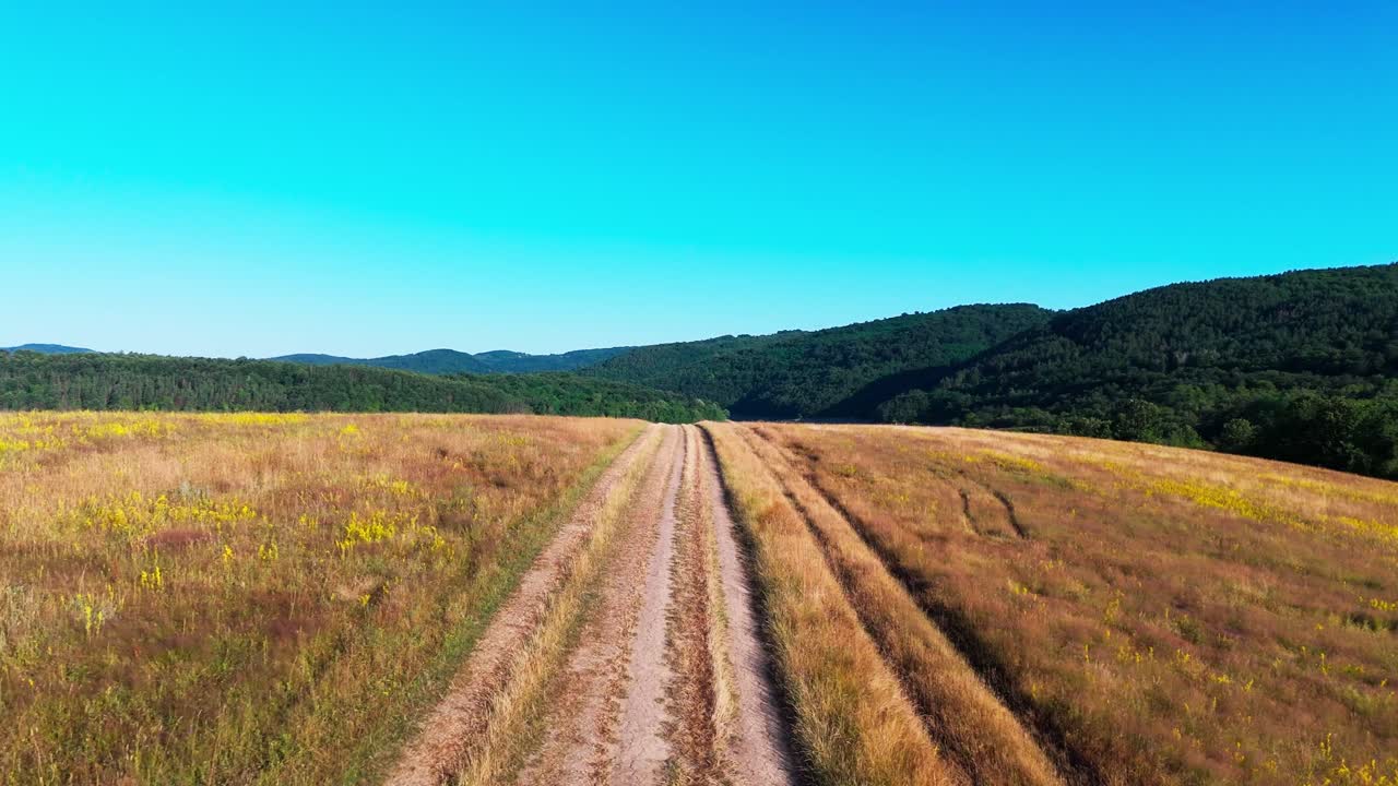 Carrellata cinematografica con drone che avanza lungo una pista sterrata che attraversa campi di erba secca color arancio, sotto cieli azzurri e tersi.